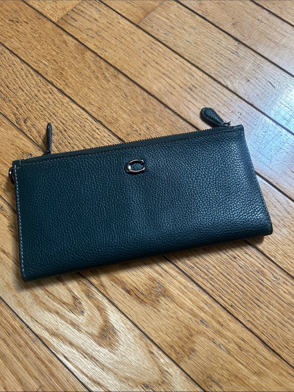 Coach Dark Green Pebbled Leather Zip Wallet with Silver 'C' Logo